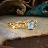 Princess Cut 1 Carat Moss Agate Engagement Ring Nature Inspired Twisted Infinity Leaf Ring